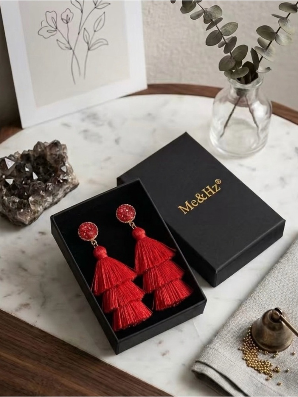 Red Tiered Tassel Drop Earrings